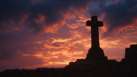 The towering silhouette of a stone cross against a dramatic sunset sky, a symbol of hope and perseverance in the face of lifes challengesの素材