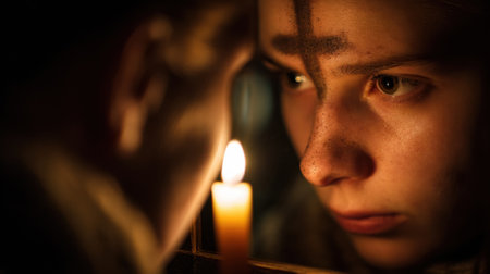 A person stands in front of a mirror, their reflection showing the crossshaped ashes on their forehead and the flickering candle in their hand. The dual image conveys the idea of lookinの素材