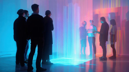 A group of artists discussing their work under energyefficient gallery lights with a holographic display projecting realtime billing data calculated by lumenhours demonstrating innovativの素材