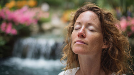 Closeup of a woman with her eyes closed, peacefully meditating in front of a calming waterfall, surrounded by beautiful trees and flowersの素材