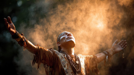Concept photo of a shaman or spiritual healer performing a ritual dance or chant, using traditional practices and beliefs to invoke a divine healing intervention for the patientの素材
