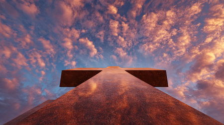 A unique perspective of the cross, captured from below, with the vibrant colors of the sky reflecting in the polished surface, adding an interesting twistの素材