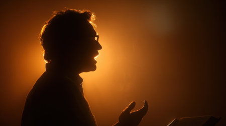Hazy silhouette of a man passionately sharing his insights from the Bible, with the warm glow of a candle highlighting his face and hand gesturesの素材