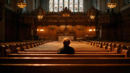 Concept photo of a person sitting in a church pew, surrounded by the quiet stillness of the sanctuary as they seek spiritual renewal and connection with God through meditation and prayerの素材