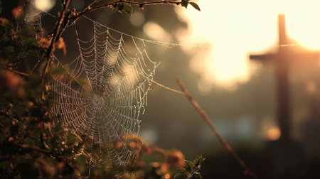 Closeup of a dewy spider web, illuminated by rays of sunlight as they filter through the trees. In the background, the silhouette of a cross can be seen, representing the triumph oの素材