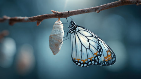 Closeup of a erfly emerging from a co, symbolizing the transformation and new life that comes with the resurrection of Christの素材