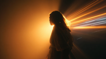 Woman silhouette observing speeding light trails in smoky atmosphereの素材