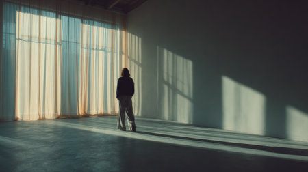 Woman walking in empty room with sunlight streaming through curtainsの素材