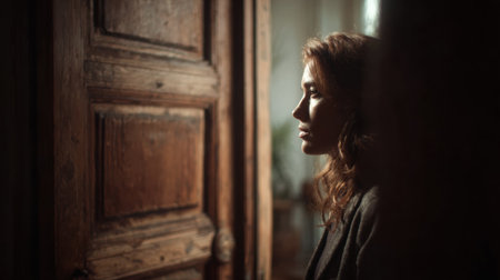 Elegant businesswoman opening a rustic wooden door in a moody atmosphereの素材