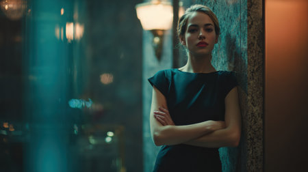 Businesswoman leaning against wall with crossed arms in cinematic lightingの素材