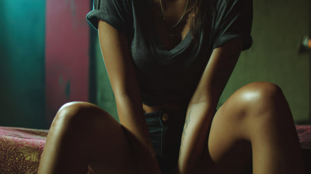 Young woman sitting on bed in dark room with tattooの素材