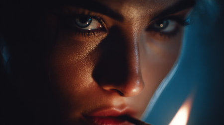 Woman lighting a match with cinematic lighting and blue eyesの素材