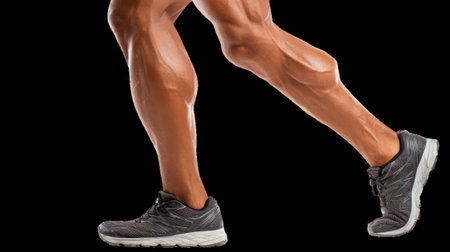 Defined calf muscles straining while running on transparent backgroundの素材