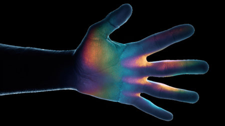 Open hand showing five fingers with iridescent colors on transparent backgroundの素材