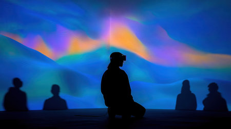 A group of artists uses an AIpowered platform to remix sound bites and film clips merging elements from various genres to create an immersive multimedia experience that challenges traditionaの素材