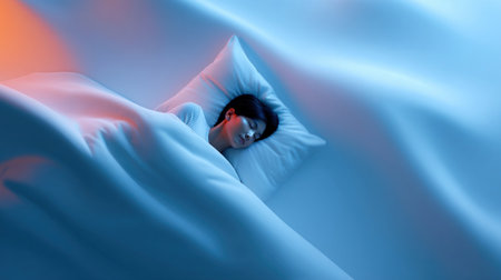 A cozy sleeping individual in soft bedding with subtle light from a contactfree monitor illuminating the space emphasizing a relaxing sleep environmentの素材