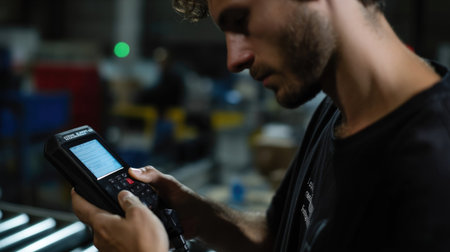 A technician analyzing the laseretched watermark on a product using a handheld scanner highlighting the integration of scanning technology in anticounterfeiting measuresの素材