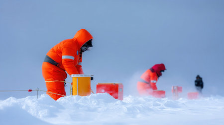 A field team in insulated gear working with ice core drilling equipment capturing the harsh yet pristine environment of the polar region where essential climate data is collectedの素材