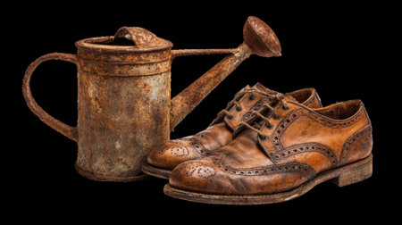 Rusty watering can and old leather shoes on transparent backgroundの素材