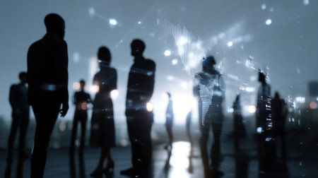 A virtual roundtable with avatars from different backgrounds discussing topics of global significance set against a digital backdrop of shifting languages and icons emphasizing thの素材