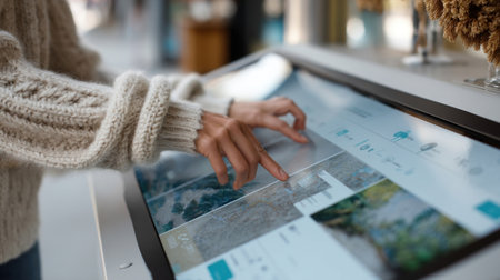A closeup of an interactive touch screen on an art frame showcasing NFT provenance featuring an animated timeline that illustrates the artworks journey through various collectorsの素材