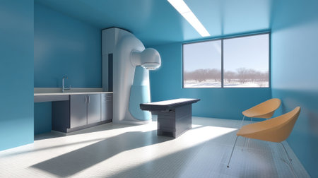 Interior shot of a rural clinic equipped with a compact protontherapy system highlighting its integration into limited healthcare facilities and accessibility for patientsの素材