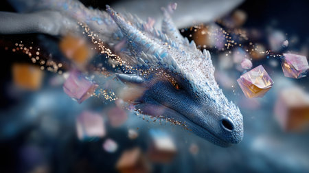 The dragon playfully interacts with floating holographic objects illuminating them with its glowing scales while leaving behind trails of sparkles and pixel dust in its wakeの素材