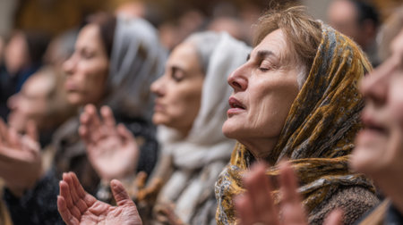 A group of faithful followers with their eyes closed, experiencing the holy water blessing with outstretched hands and reverent expressionsの素材