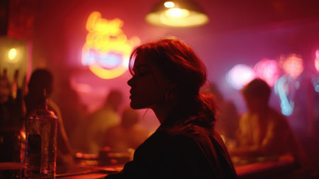 Woman contemplating in cinematic, atmospheric, neon lit bar settingの素材