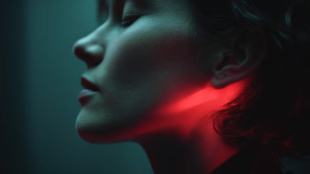 Woman receiving red light therapy on neck and faceの素材