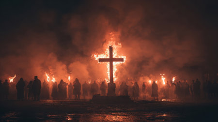 The fiery cross serves as a beacon of hope and strength, a symbol of the unwavering faith and devotion of those who gather around it to celebrate or prayの素材