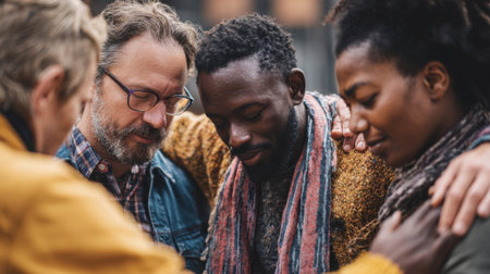 Closeup of a group of friends praying for one another, with hands p gently on each others shoulders, displaying the intimacy and vulnerability of Christian fellowshipの素材