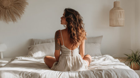 Sensual woman sitting on bed enjoying morning light in bohemian bedroomの素材