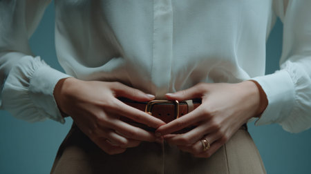 Woman adjusting belt, fashion and style close up on cinematic backgroundの素材