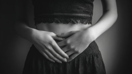 Woman holding her belly with lace lingerie in cinematic black and whiteの素材