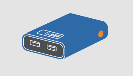 A compact portable power bank featuring multiple USB ports and an LED display for battery level monitoring.の素材