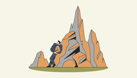 A backpacker leaning against a large boulder to catch their breath glancing up at the towering rock formations higher up the trail.の素材