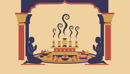 A sacred space set up for rituals and blessings with incense burning and offerings laid out inviting visitors to observe with respect.の素材