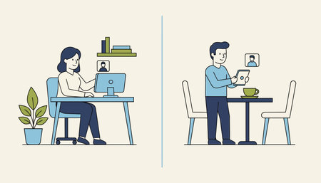 A splitscreen view showcasing both the interviewer and candidate engaged in a video call with each in their respective environments.の素材