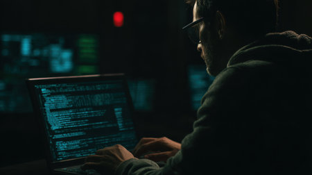 Medium shot of a cybersecurity expert implementing robust encryption protocols on a laptop to secure sensitive data transmissions.の素材