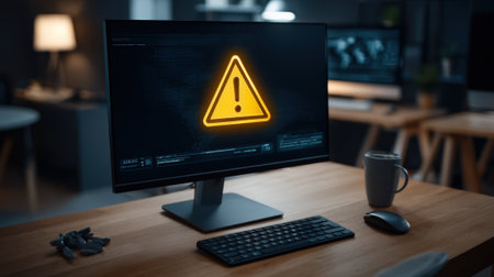 Medium shot of AI software displaying realtime cyber threat alerts on a digital interface in a modern tech workspaceの素材
