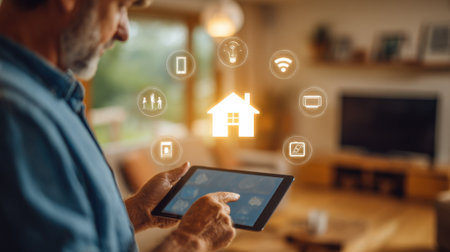 Medium shot of a technician configuring smart home devices showcasing seamless integration of IoT systems for enhanced connectivity and automation.の素材