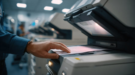 Medium shot of a technician using a scanner to digitize important files ondemand focusing on fast and flexible document conversion services.の素材