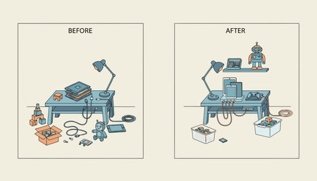 A split image showing a childs room before and after implementing tech organization techniques highlighting a balance between digital and physical spaces.の素材
