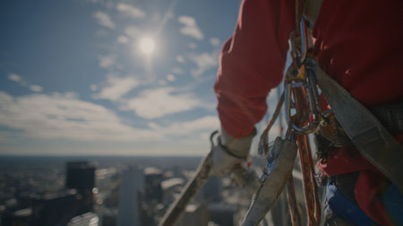 Medium shot capturing the precision of a squeegee on a highrise building window showcasing safety harnesses and urban skyline in the backgroundの素材