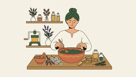 A practitioner crafting homemade herbal salves and balms highlighting the blend of traditional knowledge and DIY health solutions.の素材