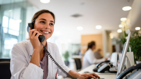 Medium shot of a receptionist efficiently managing dental appointment bookings over the phone in a bright clinic environment.の素材
