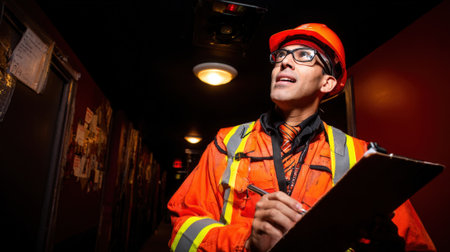 Engineer testing motion detector sensitivity in dimly lit hallway to ensure accurate response to human presence in commercial space.の素材