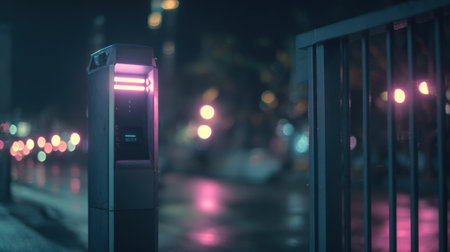 Medium shot of a sleek discreet robotic security unit monitoring restricted access points with glowing LED indicators at night.の素材