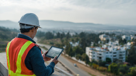 Medium shot of a technician analyzing airborne pollutant data on a tablet while standing on a rooftop overlooking mixed urban and natural landscapes.の素材